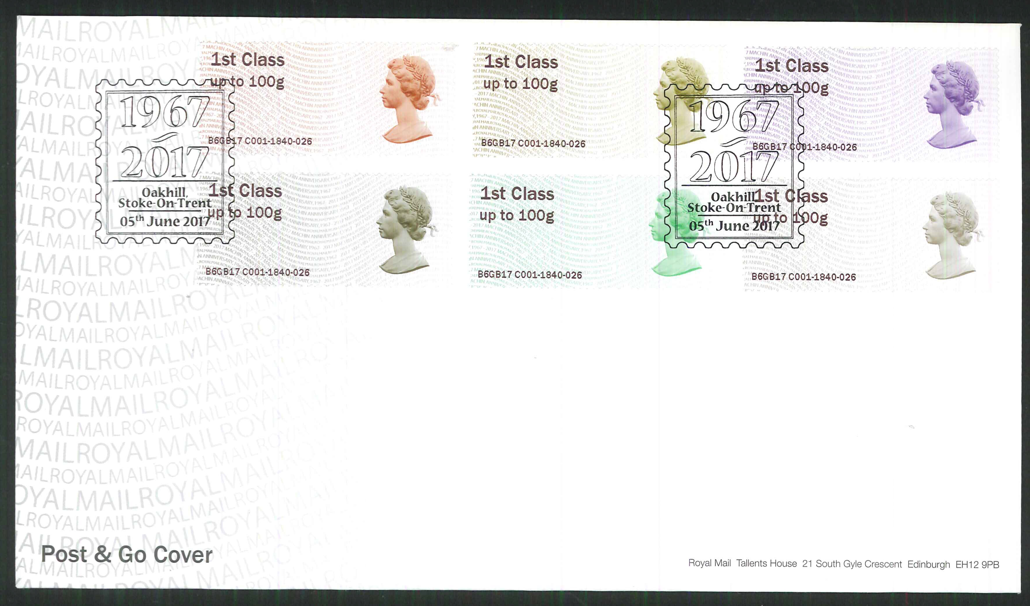 2017 - First Day Cover Machin Post & Go 6 1st Oakhill Stoke on Trent Postmark